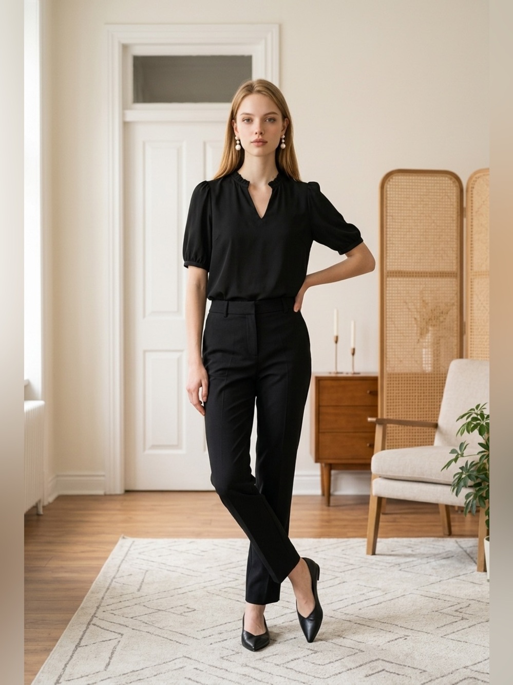 Anrabess Black Ruffle Collar Blouse Puff Short Sleeve V-Neck Top Womens Small